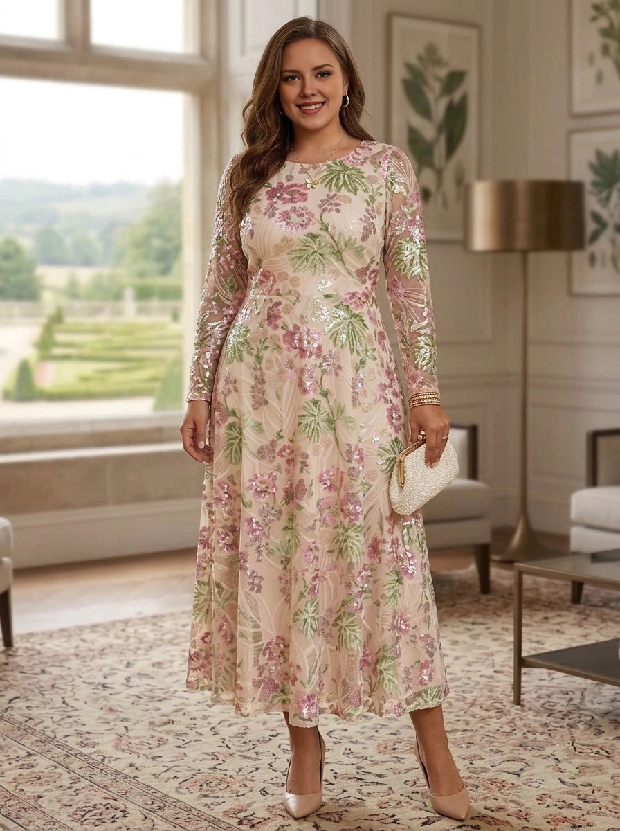 A-Line Round Neck 3/4 Sleeve Back Zipper Floral Sequin Midi Plus Size Wedding Guest Dress