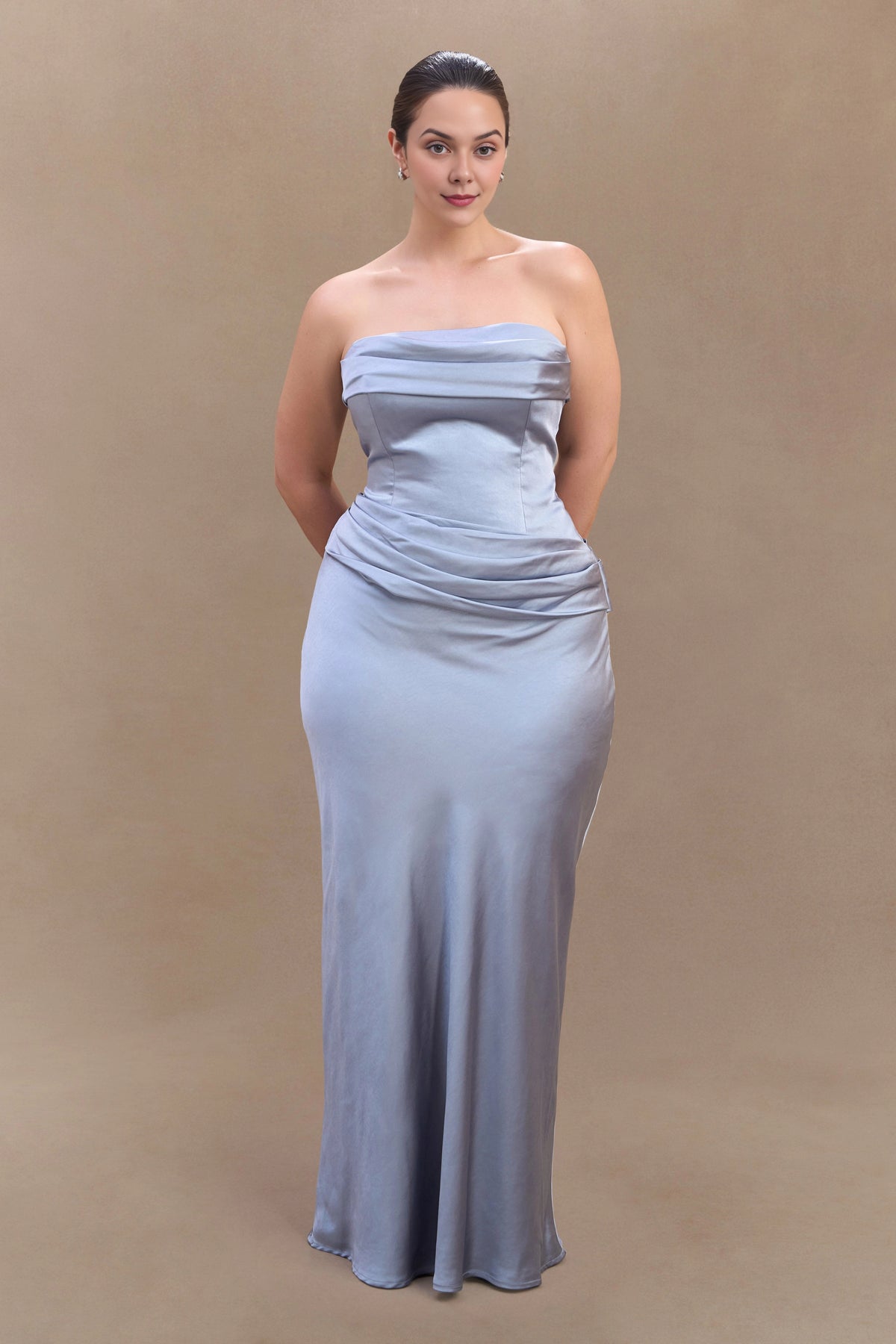 Roselledress Chocolate Brown Plus Size Strapless Draped Long Bridesmaid Dress