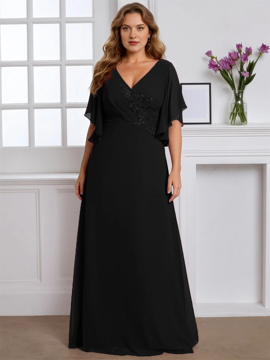 Graceful A‑Line V‑Neck Flutter‑Sleeve V‑Back Floor‑Length Plus Size Mother Of The Bride Dress