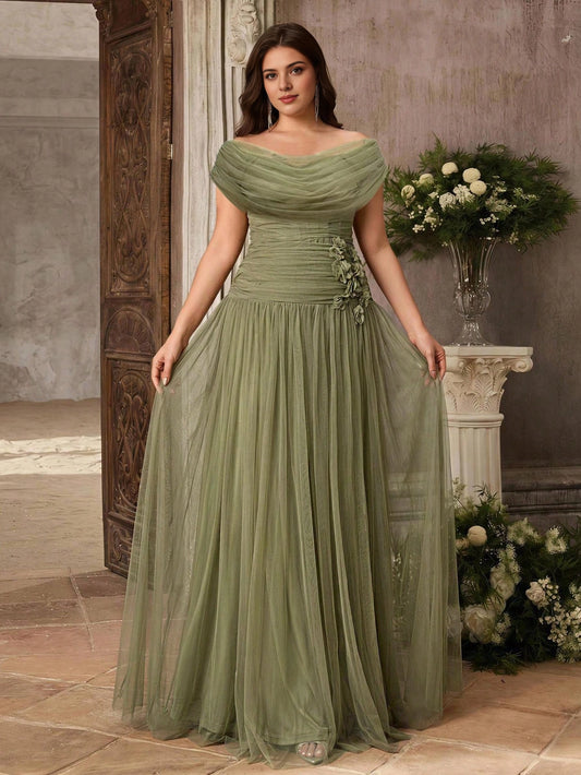 Roselledress sage green plus size prom dress off‑shoulder short sleeve tulle a‑line bridesmaid evening gown with floral