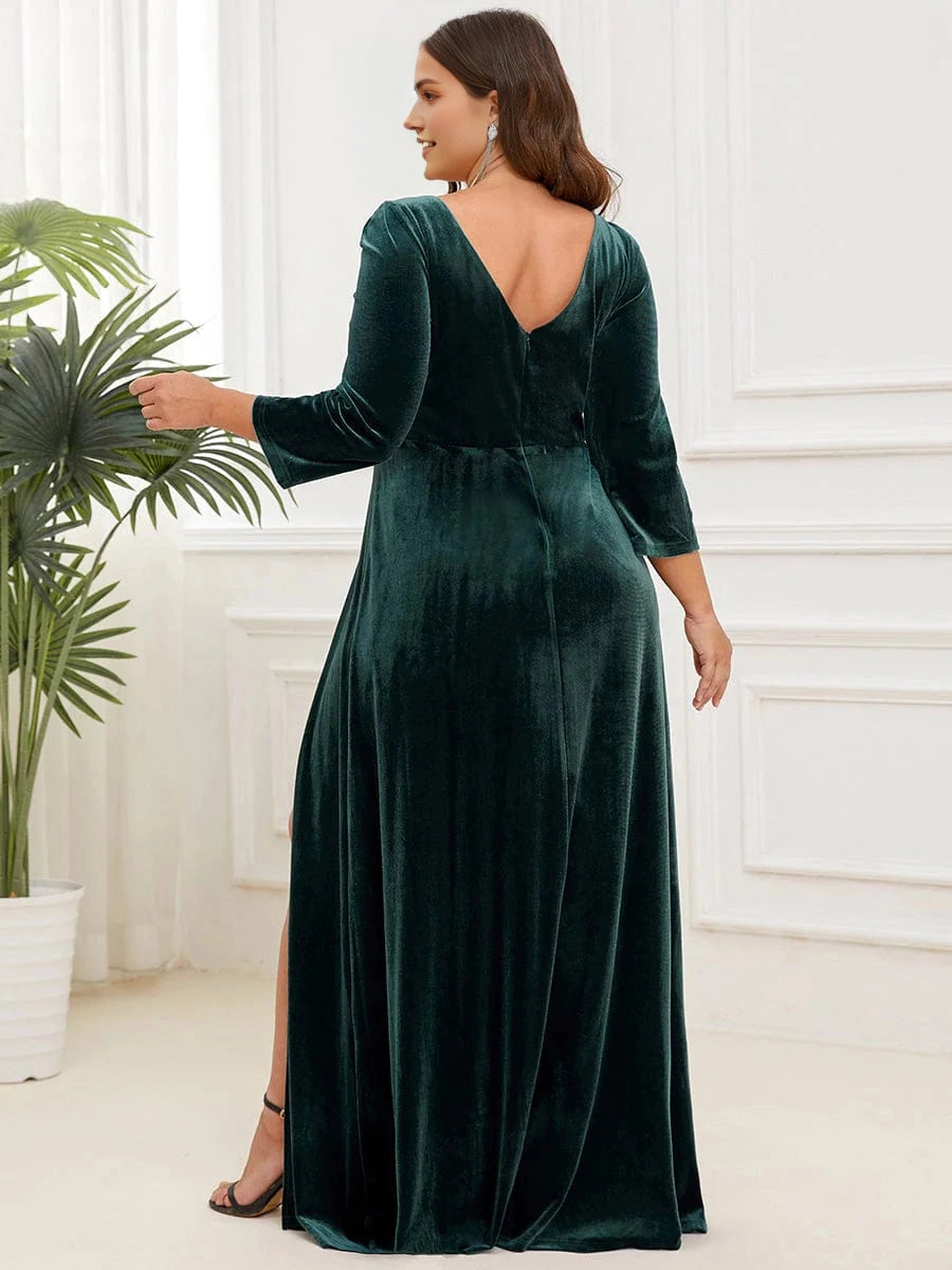 Gorgeous A‑Line V‑Neck 3/4‑Sleeve V‑Back Floor‑Length Plus Size Mother Of Bride Dress