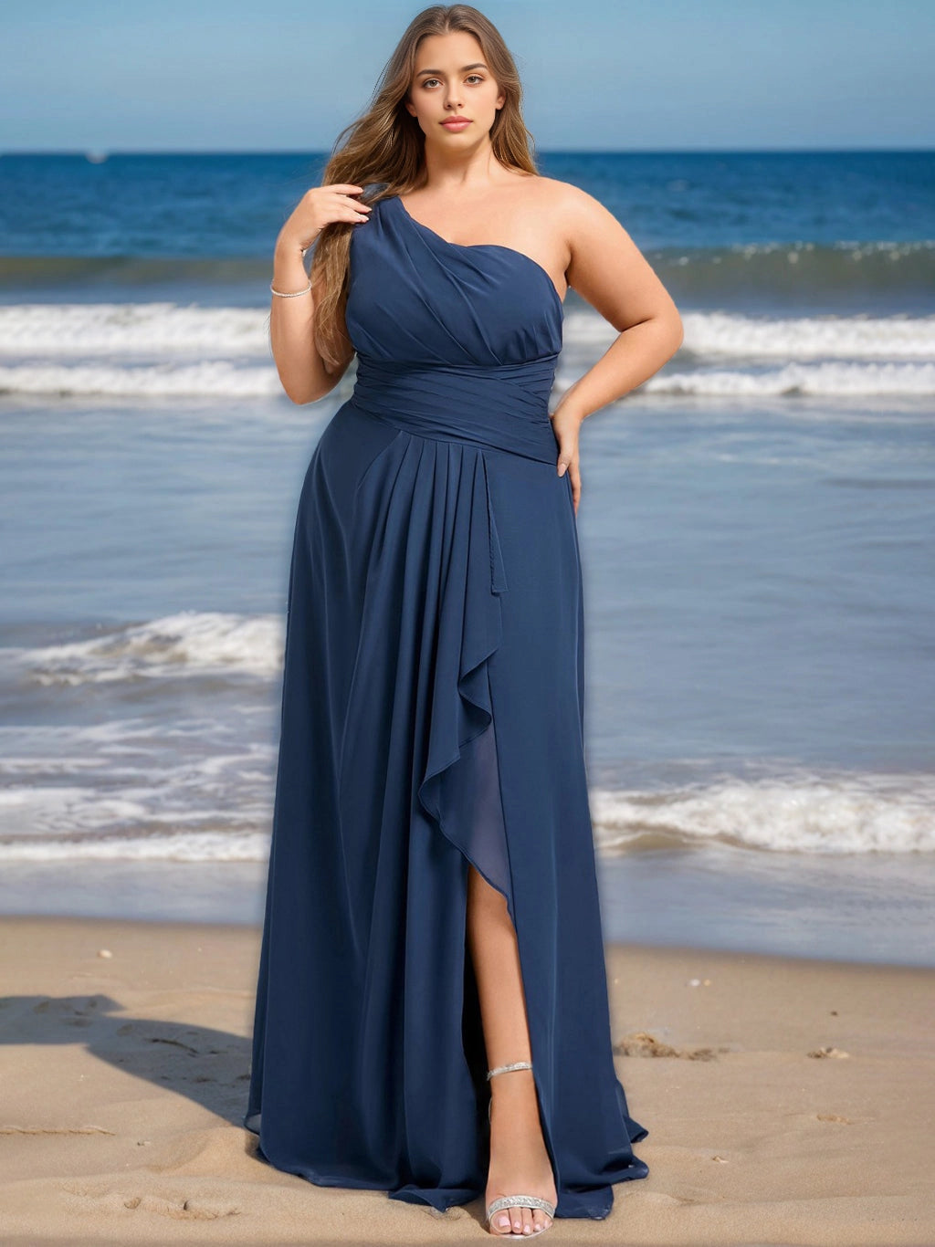 roselledress navy chiffon plus size bridesmaid dress one shoulder draped waist ruffle high slit beach wedding maxi formal gown
