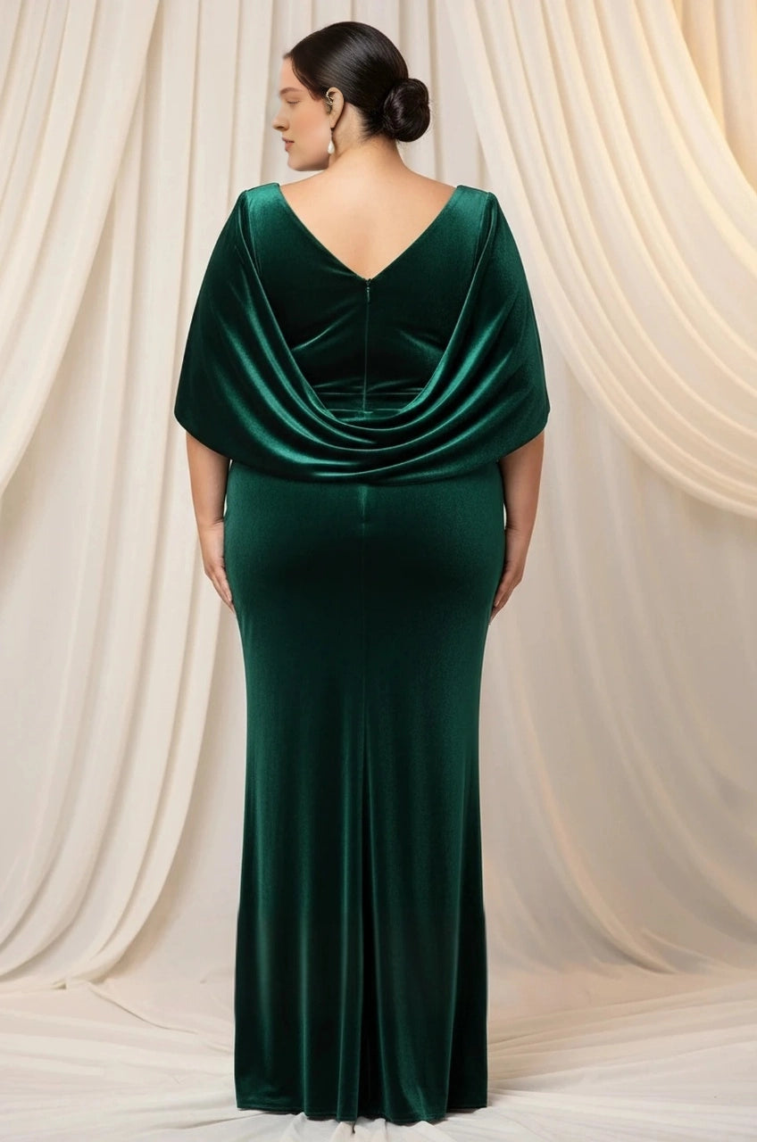 Emerald velvet plus size evening gown back view, draped cowl back, center back zipper, cape sleeves and mermaid floor length skirt
