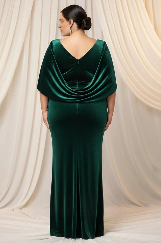 Emerald velvet plus size evening gown back view, draped cowl back, center back zipper, cape sleeves and mermaid floor length skirt

