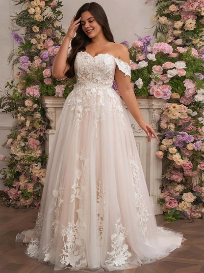 Dreamy A‑Line Off‑The‑Shoulder Short‑Sleeve Corset‑Back Court‑Train Plus Size Wedding Dress