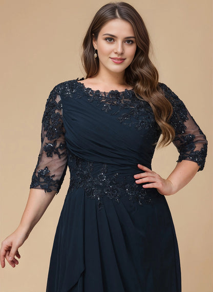 Elegant Plus Size A-Line Bateau 3/4 Sleeve Lace Illusion-Back Floor-Length Mother Of Bride Dress