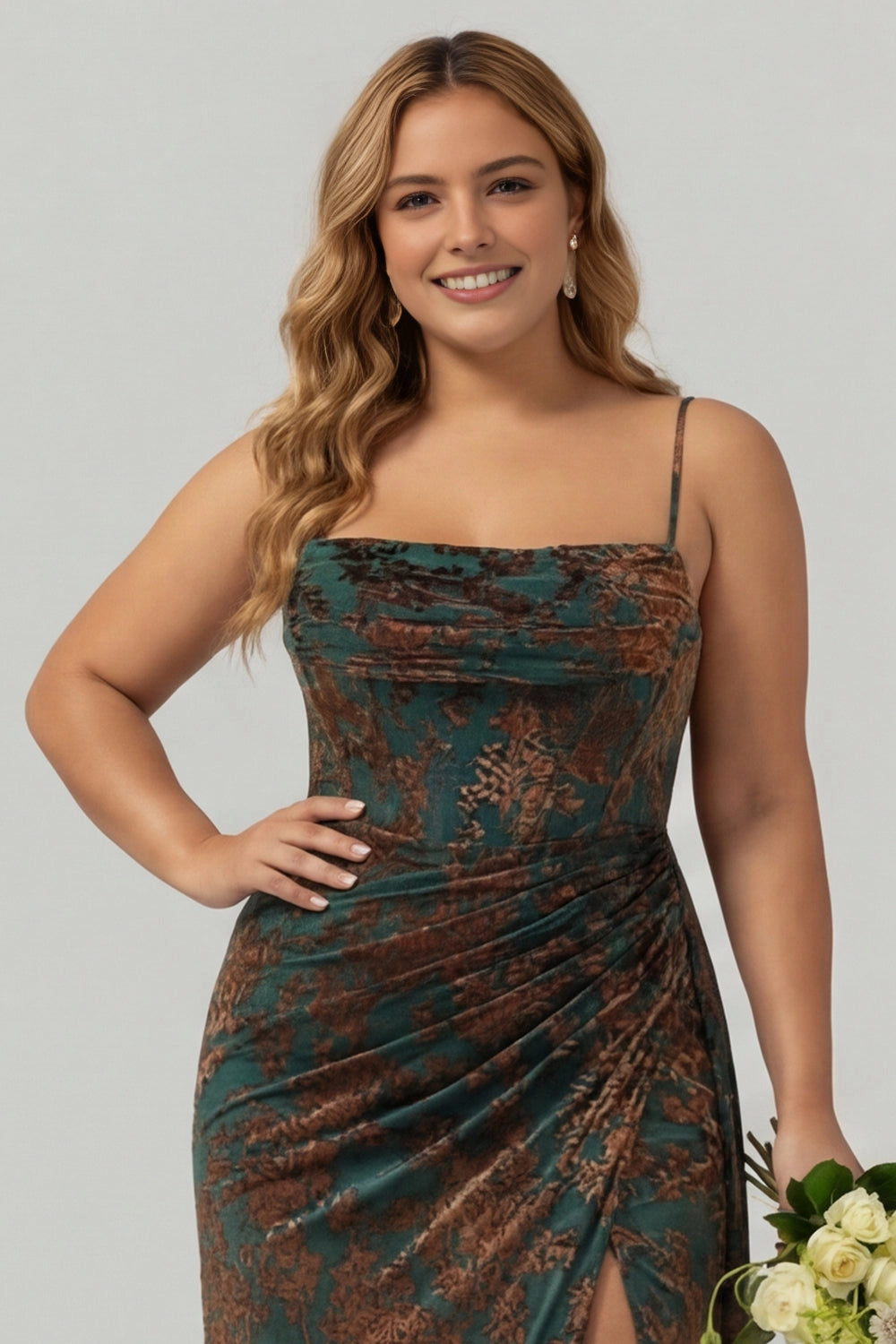Elegant A-line square neck spaghetti strap long Prom Dress with floral jacquard texture and front slit