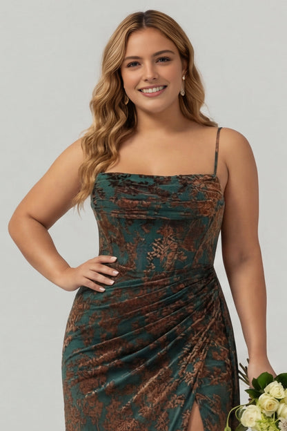 Elegant A-line square neck spaghetti strap long Prom Dress with floral jacquard texture and front slit