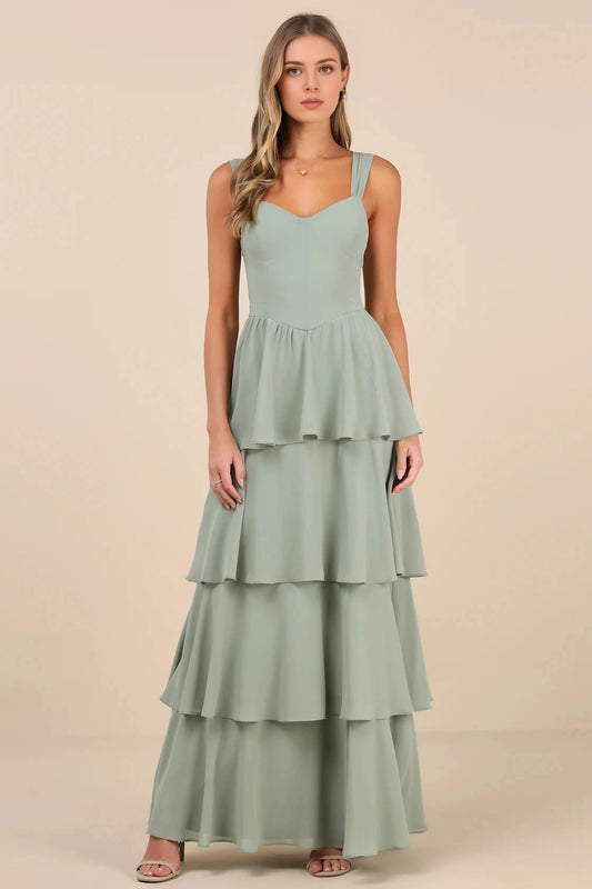 roselledress muted sage green lightweight matte chiffon wide gathered ruched shoulder straps structured sweetheart bust four tier cascading ruffle flowy maxi bridesmaid gown neutral beige studio full front shot