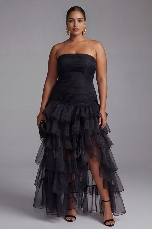 roselledress black plus size strapless ruched tiered tulle hi-lo prom gown for curvy women cocktail party