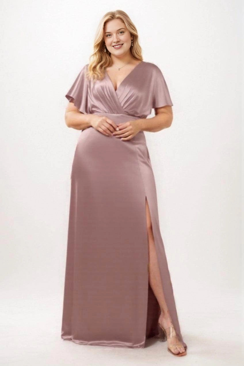 Roselledress mauve plus size bridesmaid dress with a pleated V neckline, flutter sleeves, defined waist and high slit long skirt.