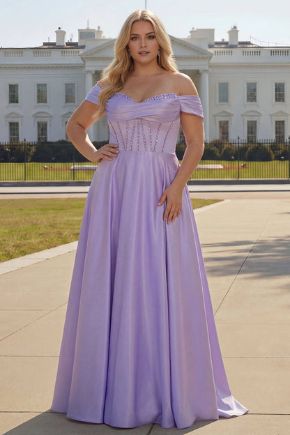Vedress lavender plus size off shoulder long prom dress rhinestone corset satin a-line evening gown