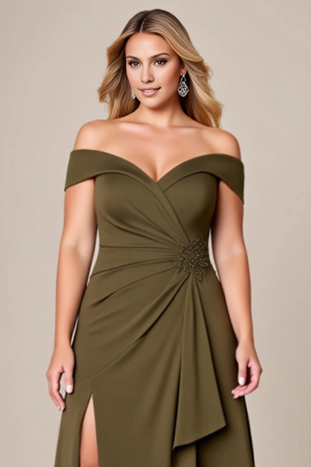 Roselledress Off The Shoulder Ruched Beaded Slit Mermaid Maxi Plus Size Bridesmaid Dress