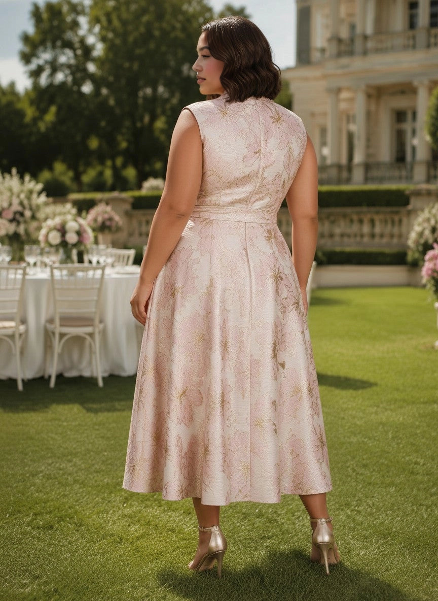 Roselledress floral jacquard formal dress plus size closed back zipper wedding guest midi dress back view