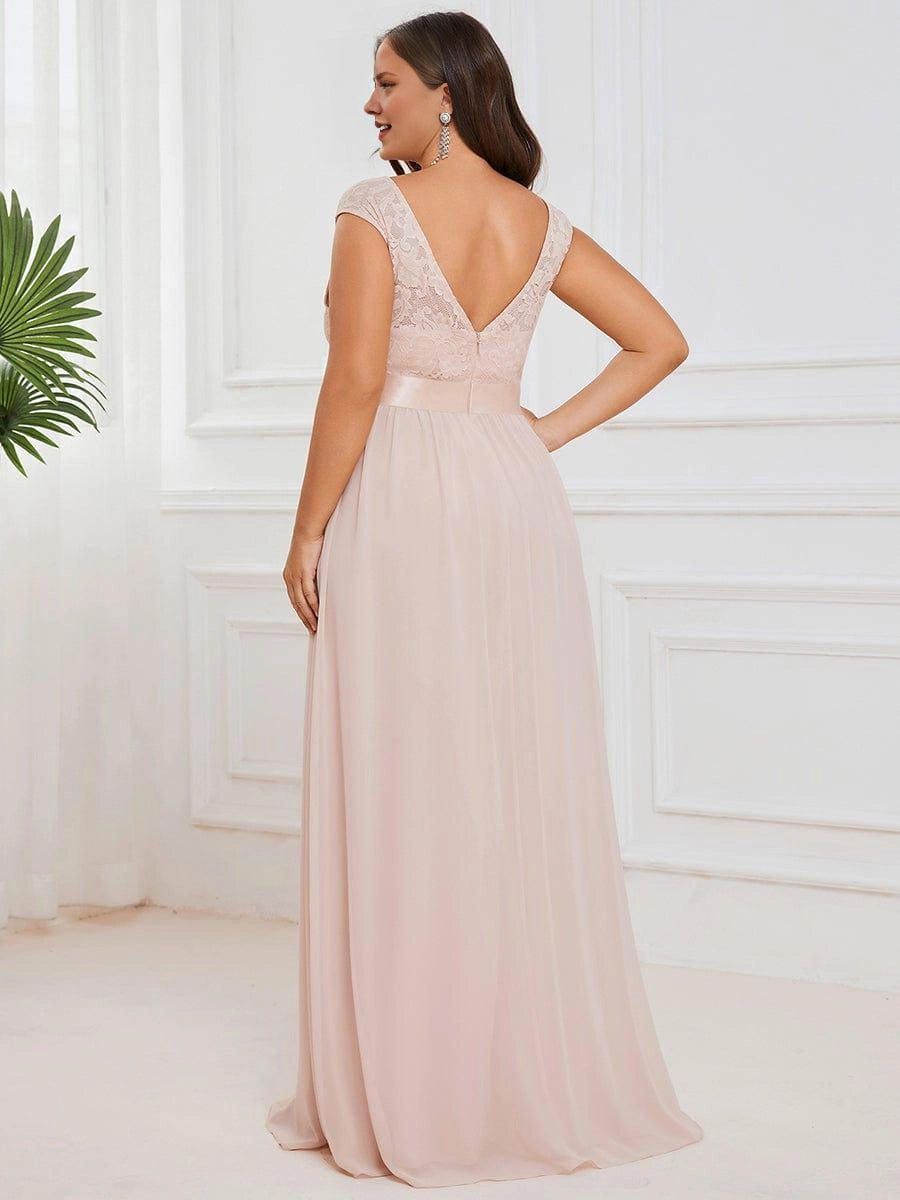 Roselledress plus size chiffon evening dress back view, deep v-back zipper closure blush wedding guest maxi dress