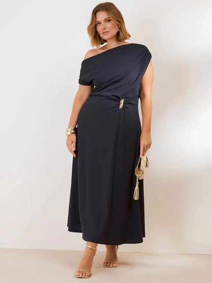 Elegant A-Line One-Shoulder Draped Closed Back Midi Plus Size Wedding Guest Dress