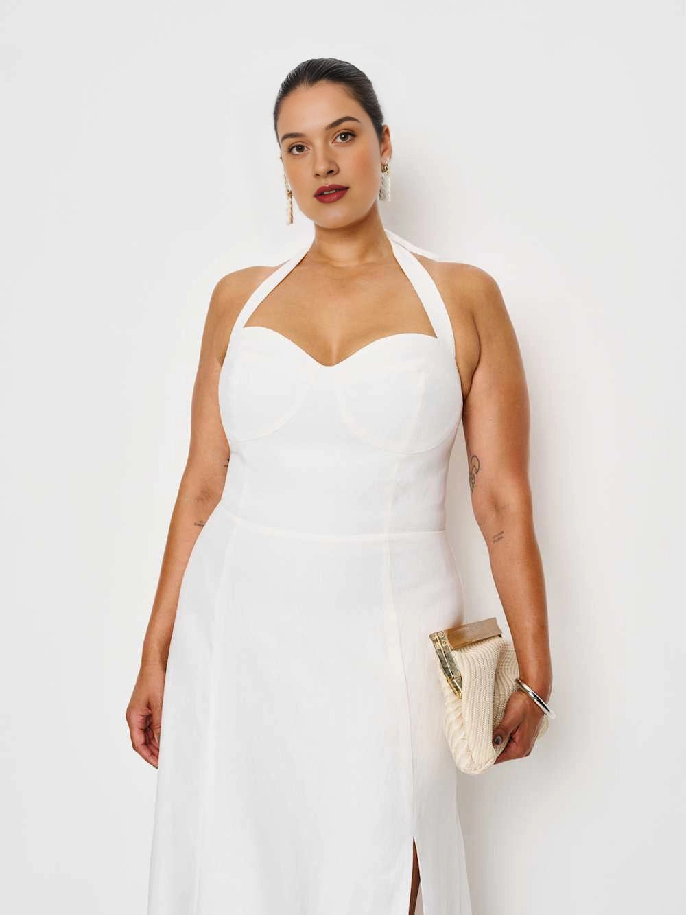 White Linen‑Blend Halter Slit A‑Line Midi Plus Size Wedding Guest Dress