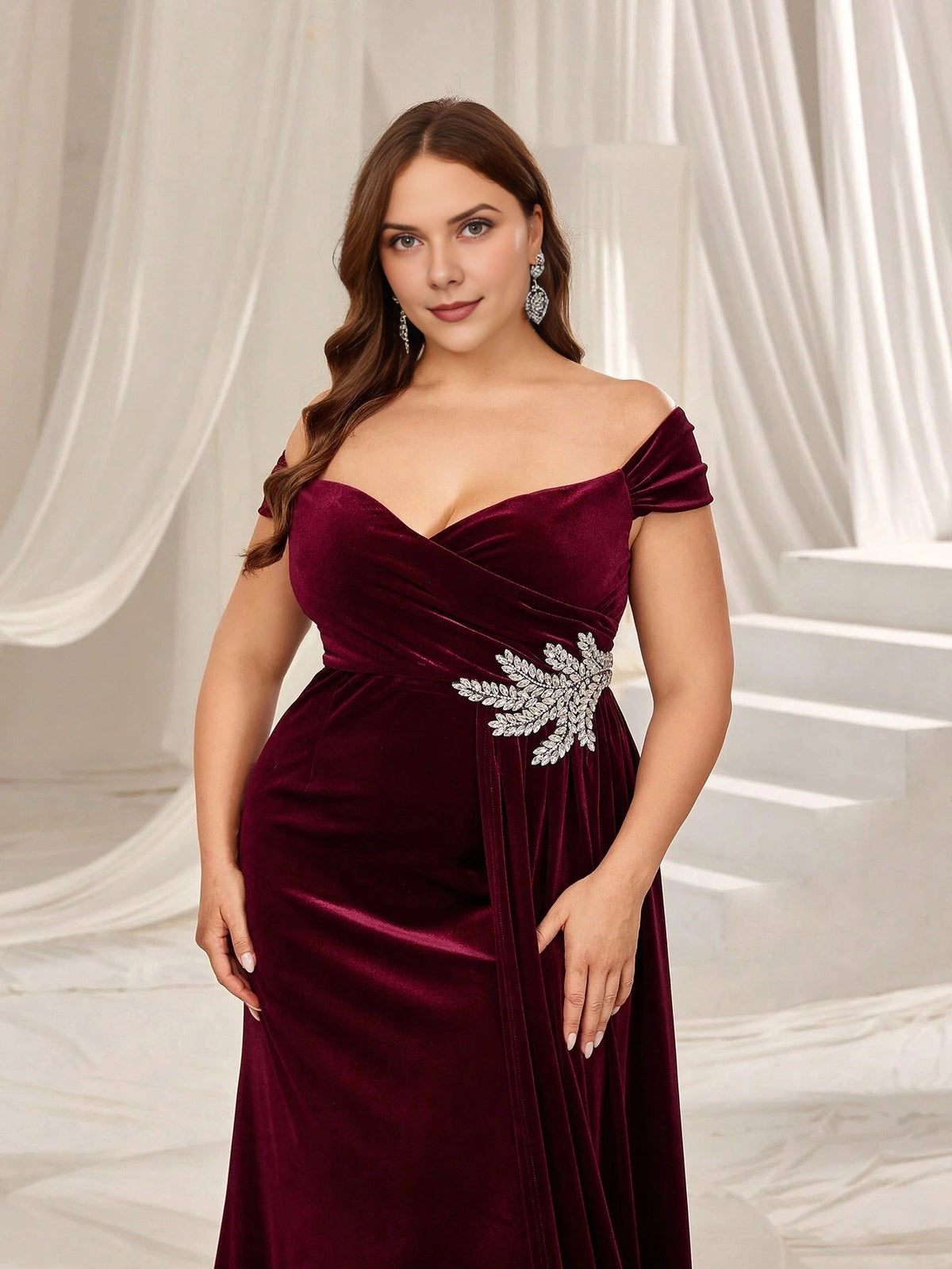 Roselledress Burgundy Velvet Plus Size Off Shoulder Beaded Long Evening Dress