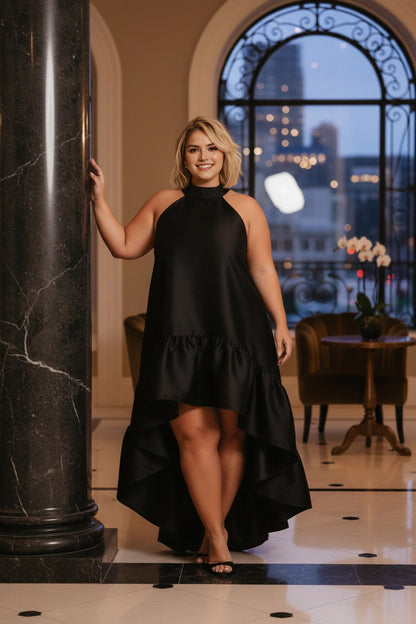Flowy High‑Low Halter Neck Sleeveless Tie‑Back Floor‑Length Plus Size Wedding Guest Dress