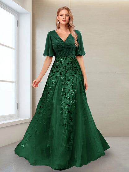 Romantic A Line V Flutter Sleeve Deep V Back Tulle Long Mother Of Bride Dress