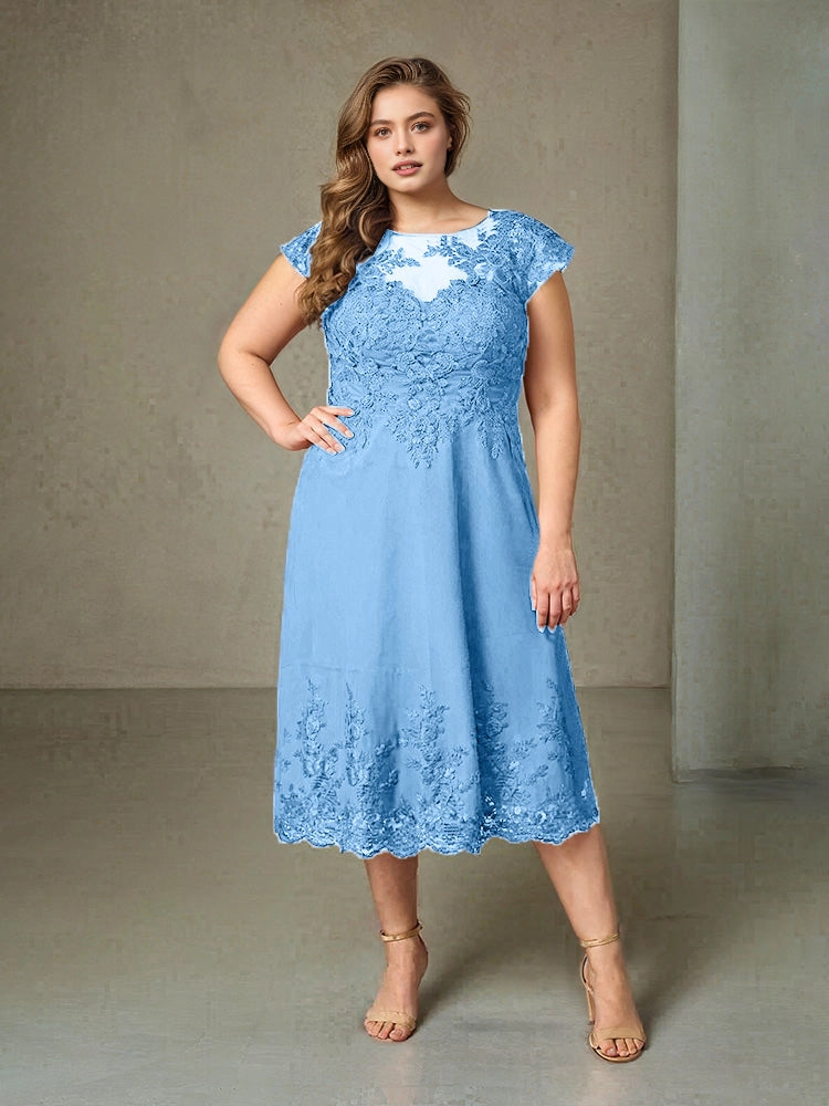 Charming A‑Line Illusion Neck Cap Sleeve V‑Back Midi Length Plus Size Mother Of The Bride Dress