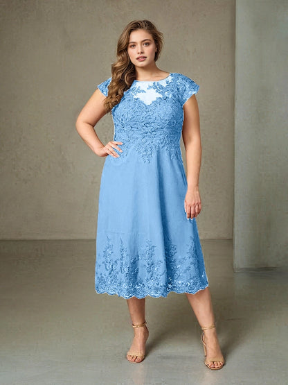 Charming A‑Line Illusion Neck Cap Sleeve V‑Back Midi Length Plus Size Mother Of The Bride Dress