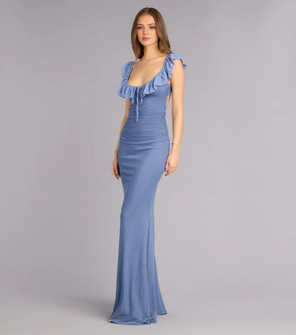 Roselledress Soft Mermaid U-Neck Ruffle-Strap Tie-Back Floor-Length Plus Size Prom Dress