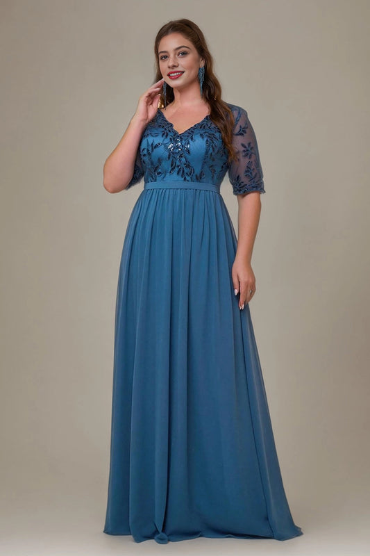 Flowy A-Line V-Neck Mid-Sleeve V-Back Floor-Length plus size Mother Of Bride Dress