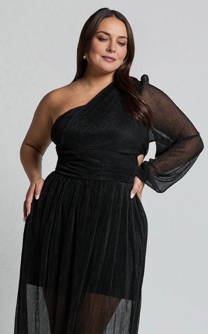 One Shoulder Long Sleeve Waist Cutout Sheer Maxi Plus Size Wedding Guest Dress