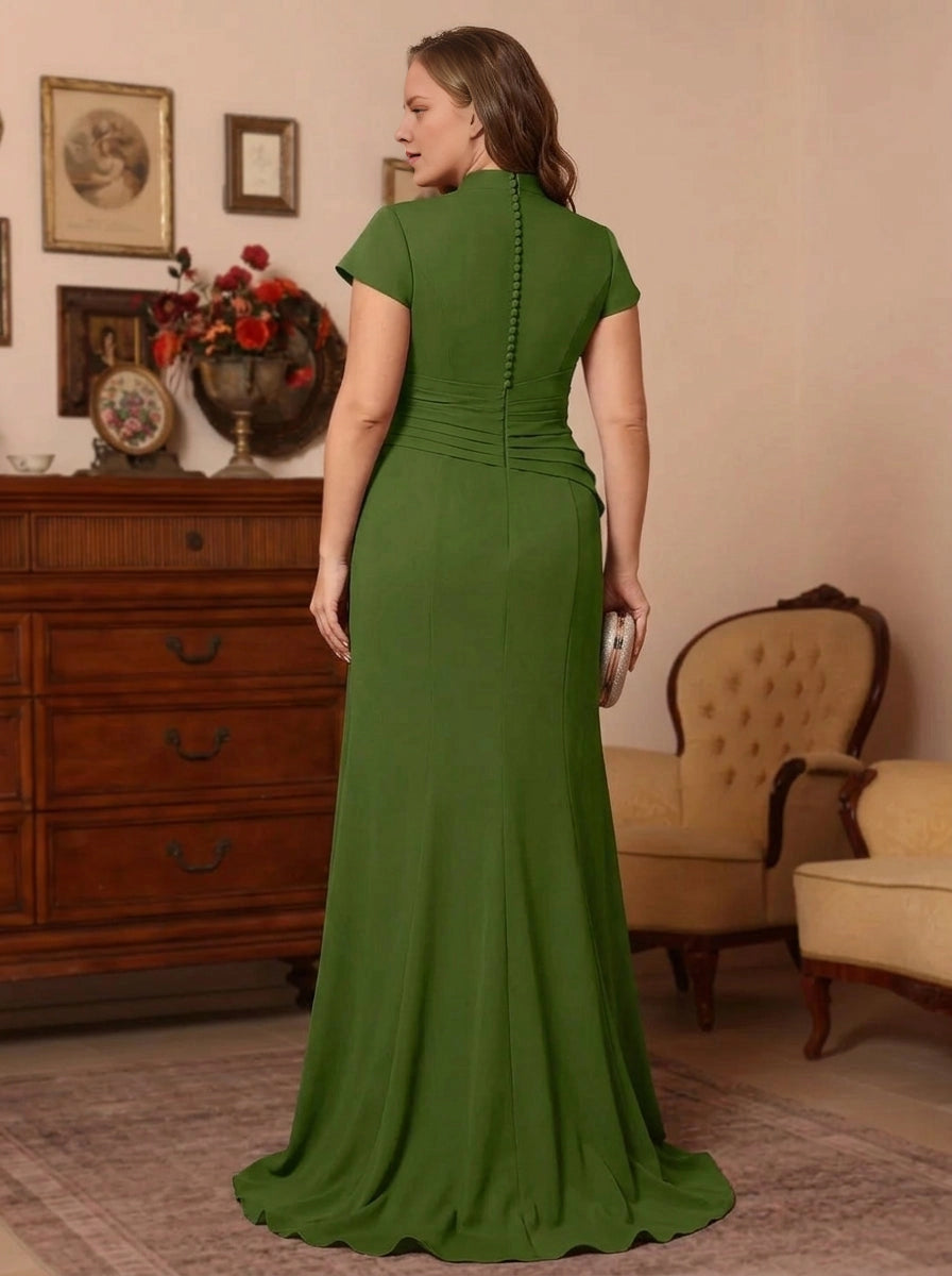 Roselledress plus size prom dress back view, vertical button back short sleeve olive green floor length evening dress