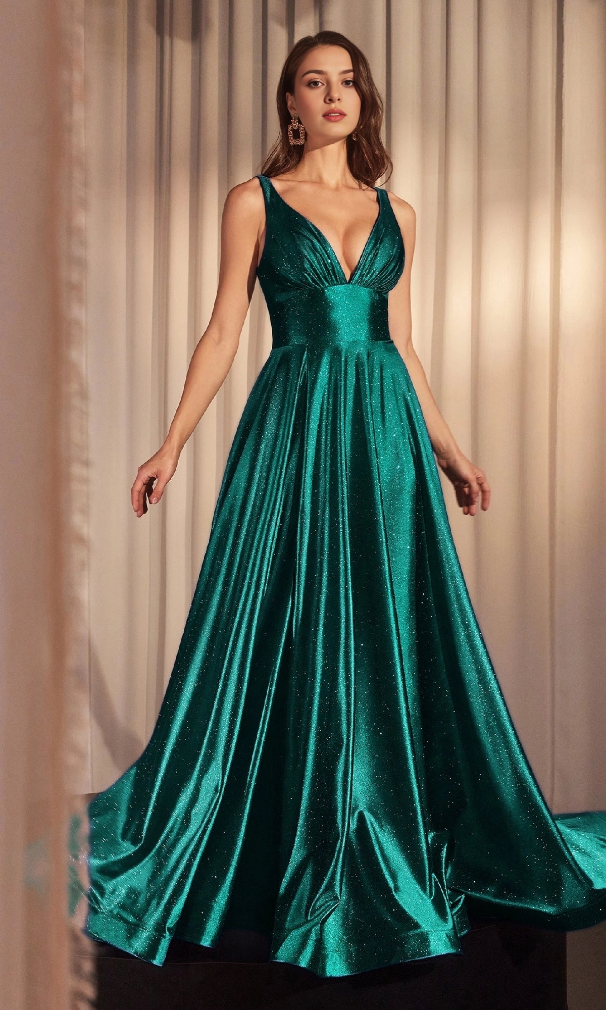 Sparkly A Line V Spaghetti Strap Zip Back Maxi Prom Dress