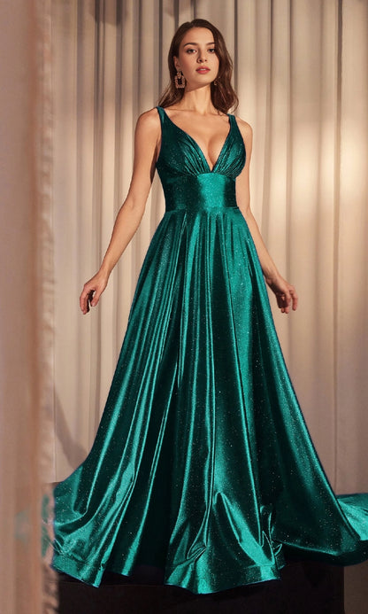 Sparkly A Line V Spaghetti Strap Zip Back Maxi Prom Dress