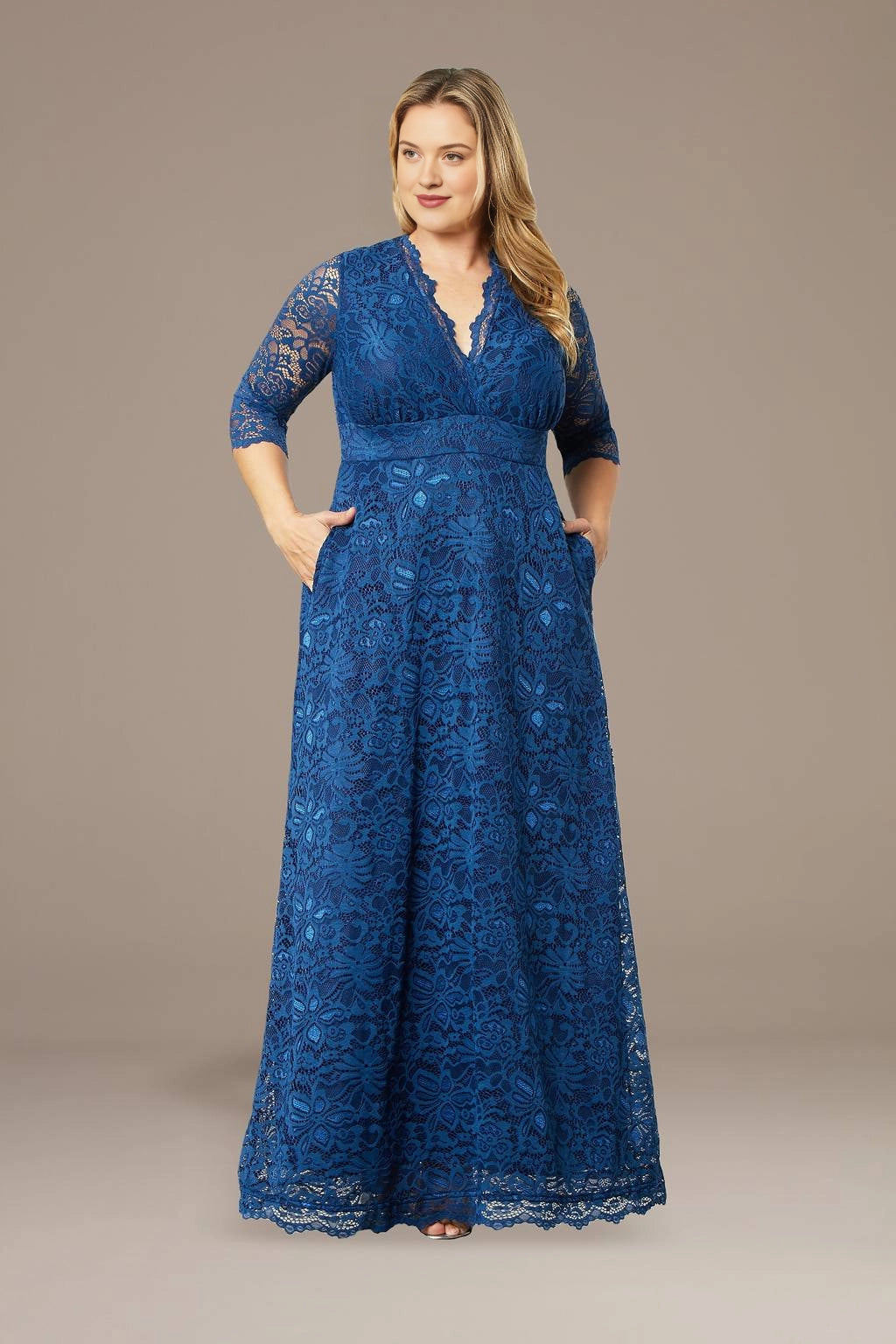 Royal blue plus size mother of the bride dress with V-neck and three-quarter lace sleeves