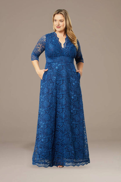 Royal blue plus size mother of the bride dress with V-neck and three-quarter lace sleeves