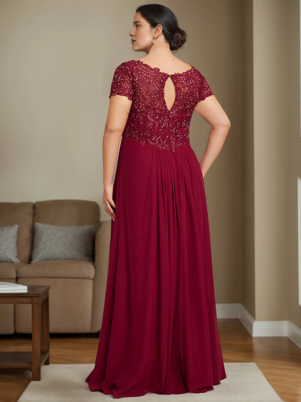 Burgundy plus size evening gown back view, beaded lace back with keyhole cutout, center back zipper, short sleeves and chiffon long skirt
