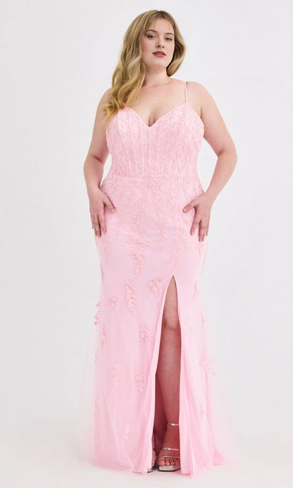 Romantic Plus Size Mermaid V-Neck Zip Back Long Pink Lace Evening Dress