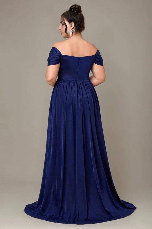 Back view Roselledress navy plus size off shoulder a-line prom dress stretch formal gown