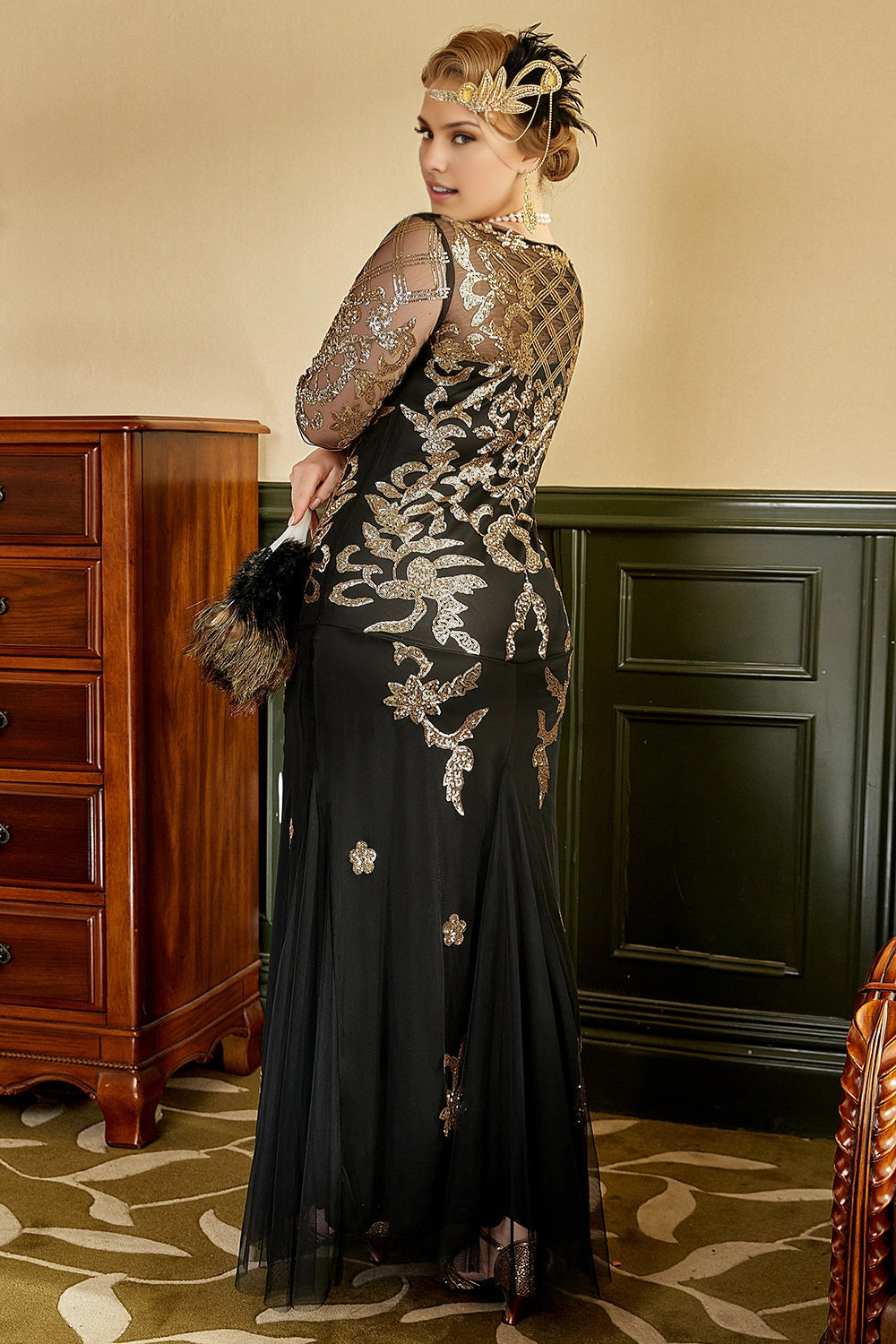 Roselledress plus size formal prom dress back view, sheer mesh back gold floral sequin beaded vintage evening gown