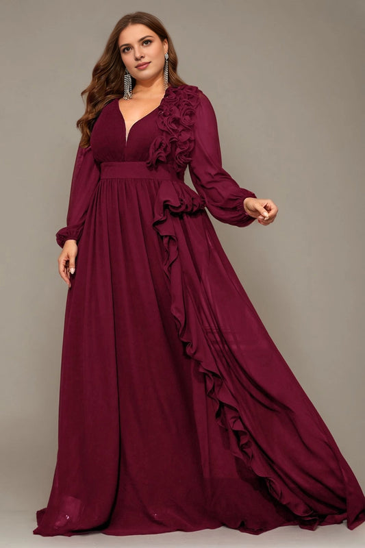 Roselledress plus size burgundy chiffon prom gown v‑neck long sleeve 3d floral ruffle front view
