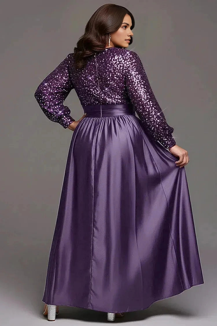 Roselledress purple sequin satin plus size formal dress closed back floor‑length evening prom gown back view