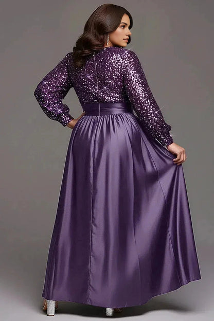 Roselledress purple sequin satin plus size formal dress closed back floor‑length evening prom gown back view