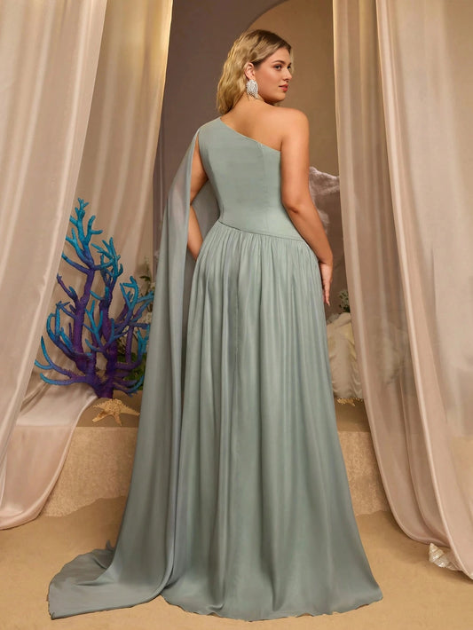 Back view Roselledress dusty‑blue plus size a‑line prom dress open back cape sleeve floor‑length chiffon formal dress