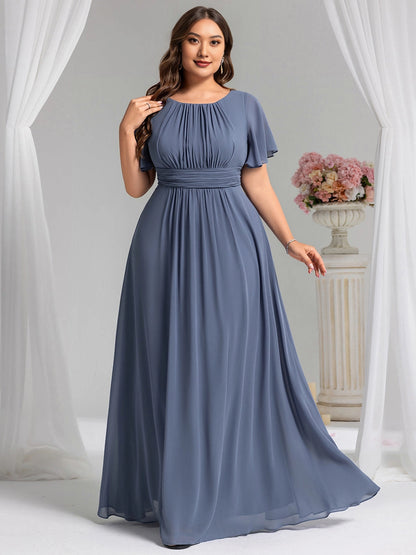 A-Line Round Neck Flutter Sleeve Back Zipper Floor Length Plus Size Floral Chiffon Wedding Guest Dress