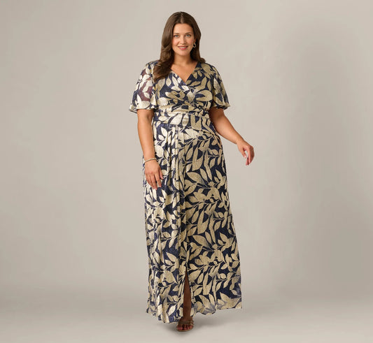 roselledress navy gold leaf foil print plus size wrap mother of the bride dresses front view v neck flutter sleeve floor length chiffon maxi gown