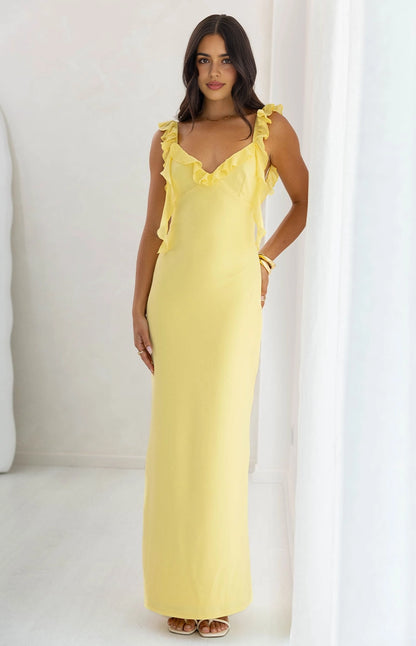 Yellow Sheath V Neck Ruffle Strap Ruched Open Back Long Prom Dress