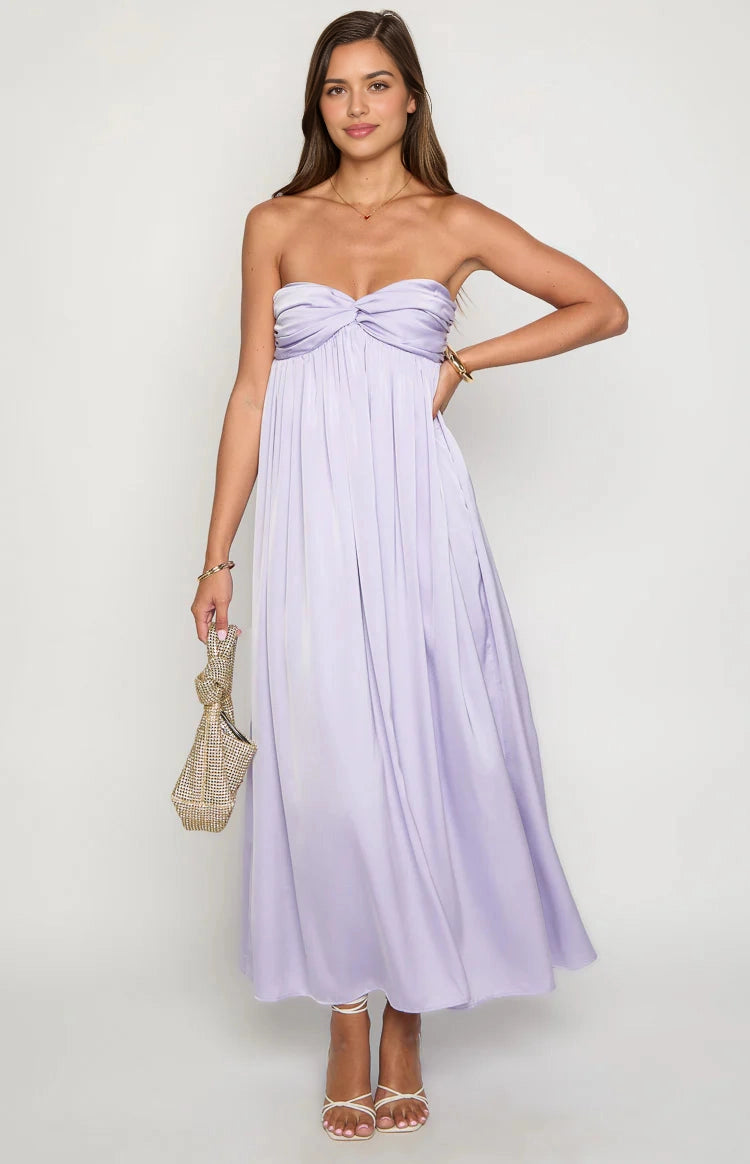 RoselleDress lavender satin A-line bridesmaid dress strapless twist bust empire waist white studio shot