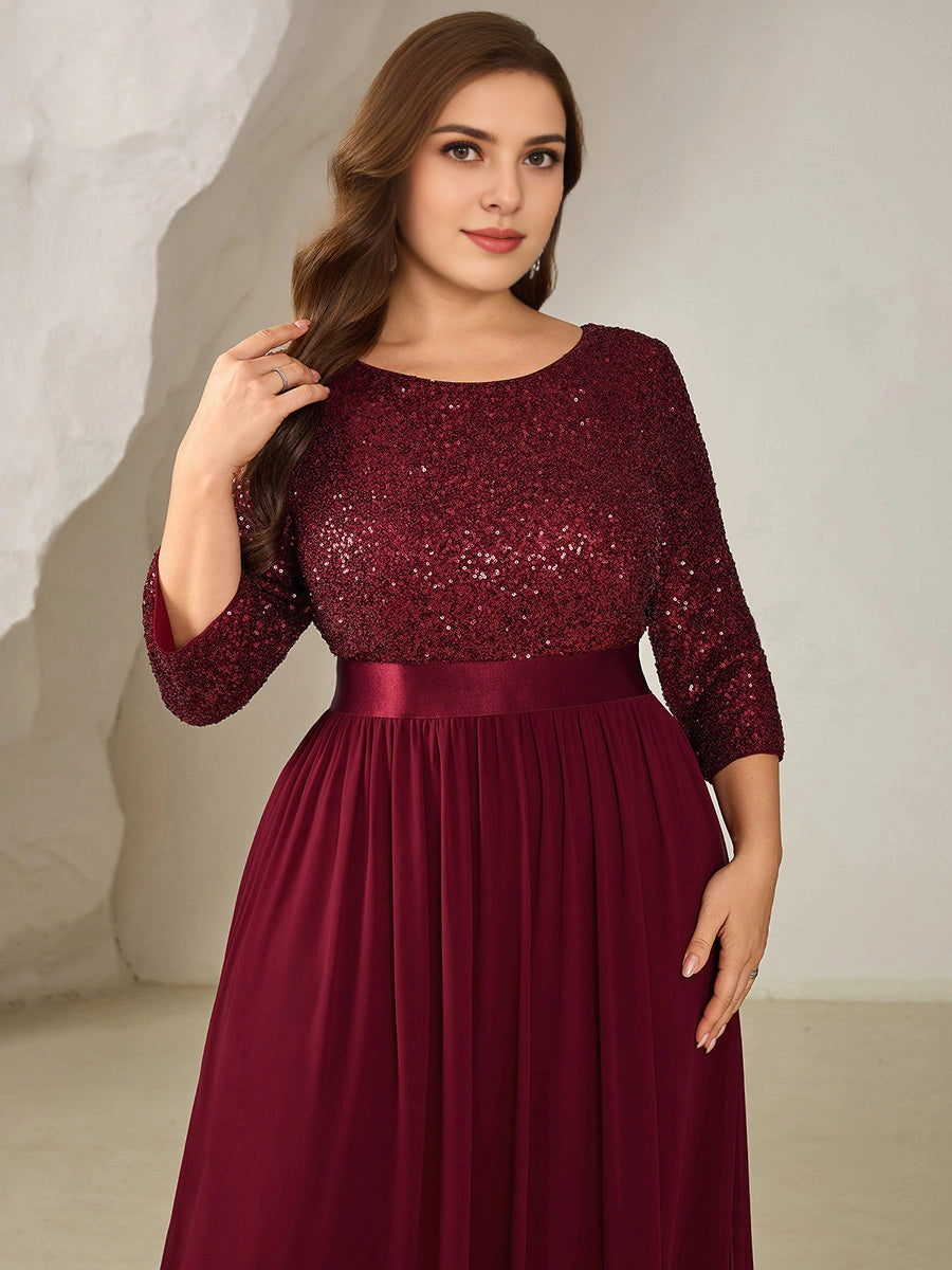 Roselledress Burgundy A Line Boat Neck 3/4 Sleeve Zip Back Floor Length Plus Size Wedding Guest Dress