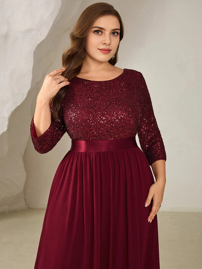 Roselledress Burgundy A Line Boat Neck 3/4 Sleeve Zip Back Floor Length Plus Size Wedding Guest Dress