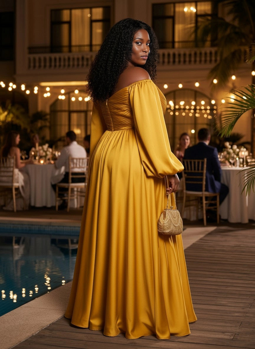 roselledress ruched bodice zipper‑back golden satin curvy formal maxi gown rear view