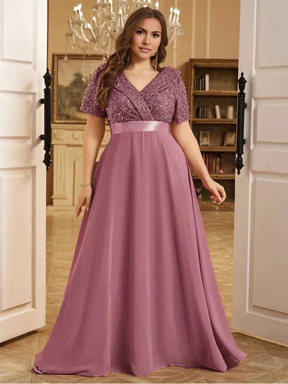 Elegant A‑Line V‑Neck Short‑Sleeve Zip‑Back Floor‑Length Plus Size Mother Of The Bride Dress
